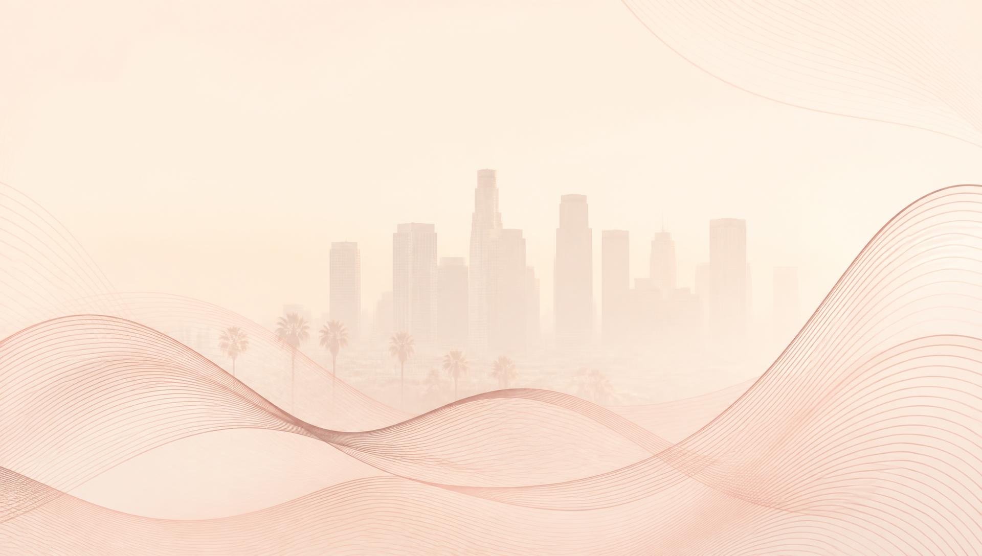 Los Angeles skyline behind flowing Wve Labs wave line art