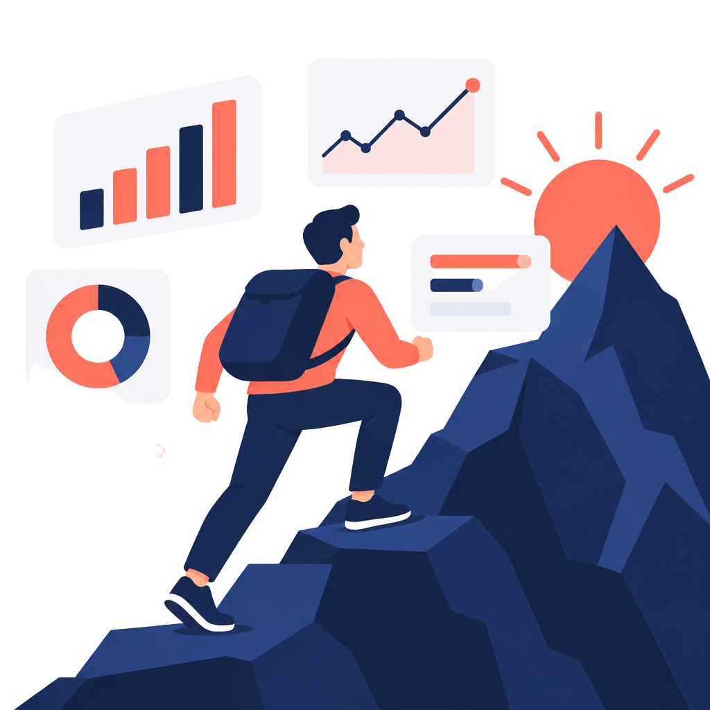 A founder climbing toward a sunrise alongside floating product analytics dashboards